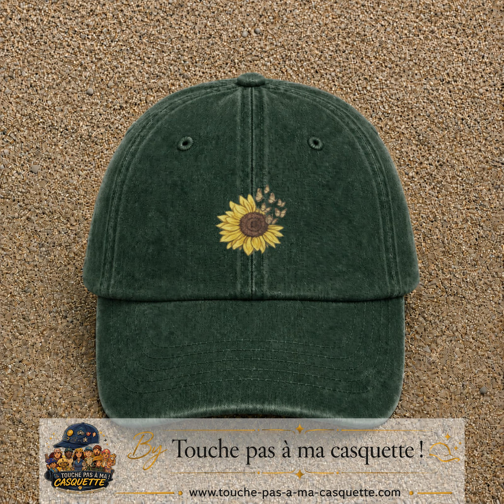 Image principale produit15moyenVF - casquette Vert foncé délavé avec visuel Tournesol mandala 5 cm