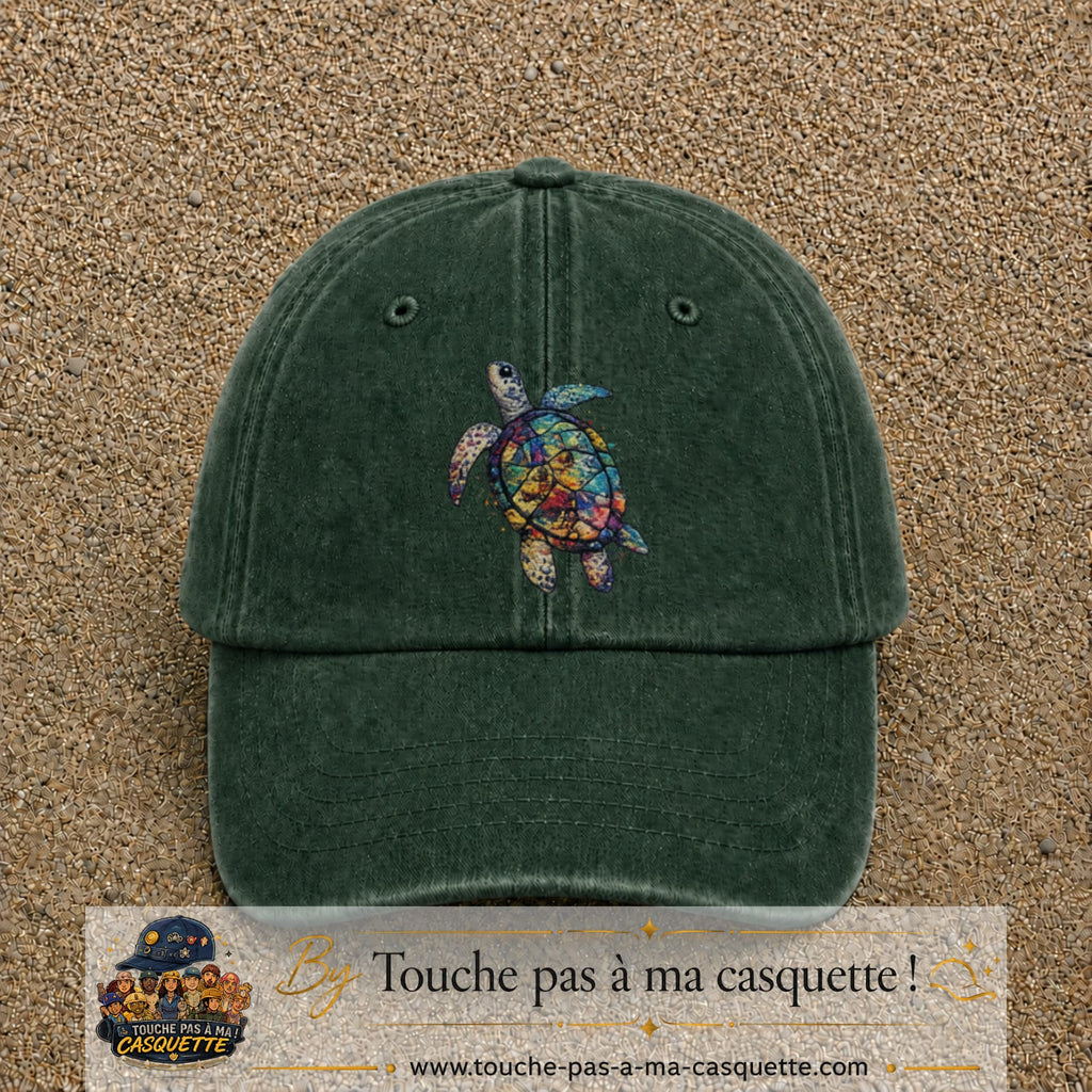 Image principale produit17grosVF - casquette Vert foncé délavé avec visuel Tortue colorée 7 cm