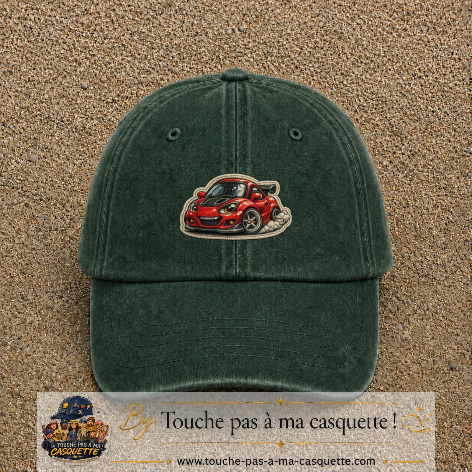 Image principale produit93moyenVF - casquette Vert foncé délavé avec visuel Voiture rouge 5 cm