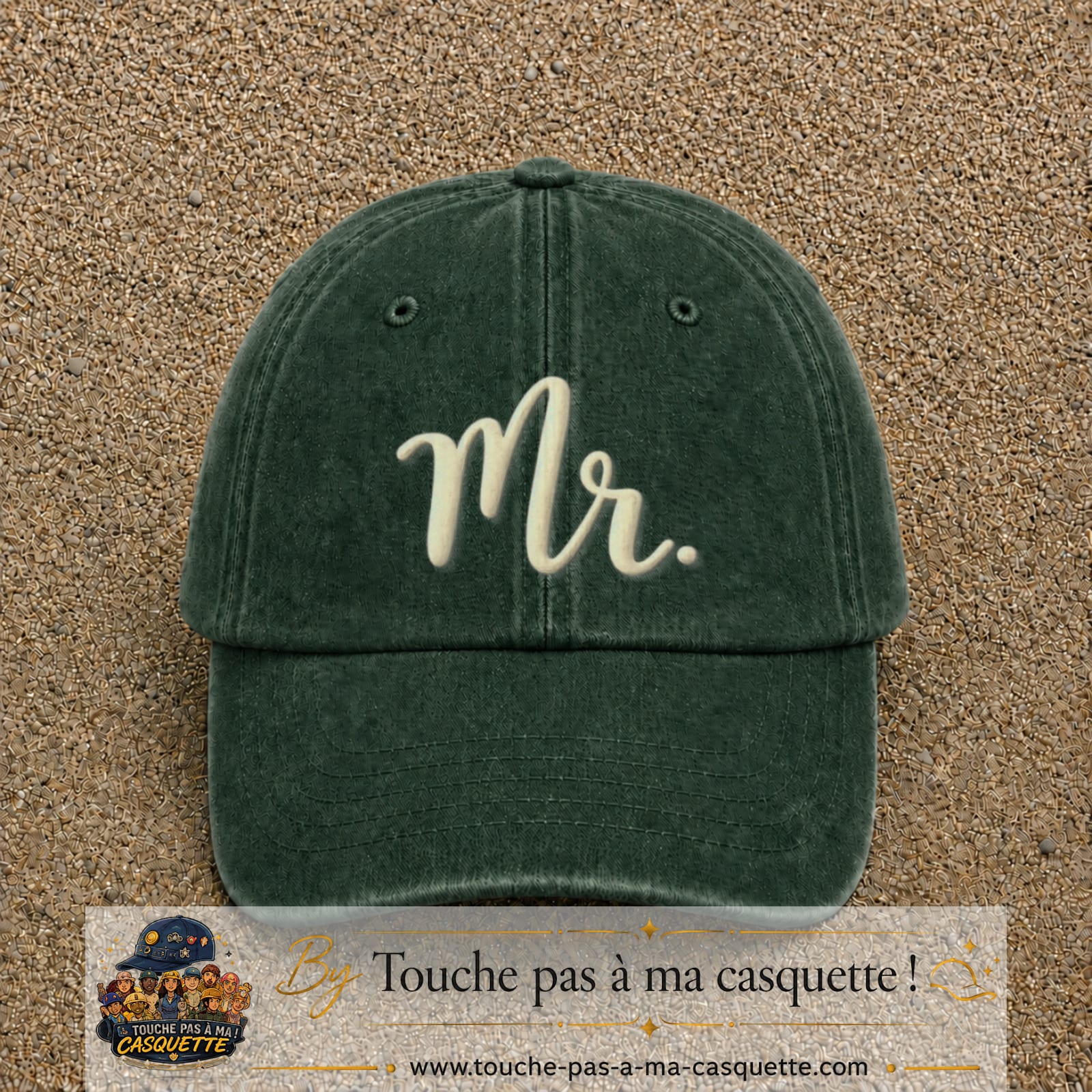 Image principale produit111grosVF - casquette Vert foncé délavé avec visuel Mr blanc 7 cm
