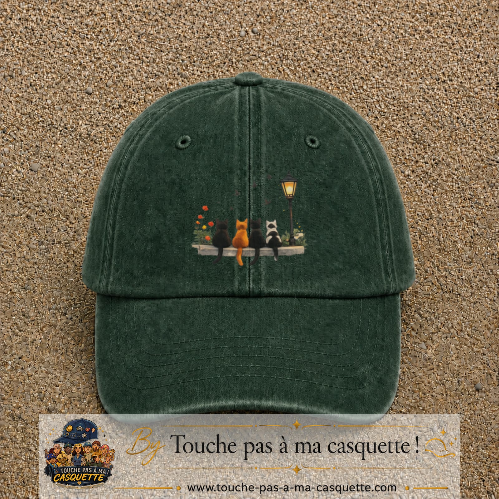Image principale produit195grosVF - casquette Vert foncé délavé avec visuel Chats réverbère 7 cm