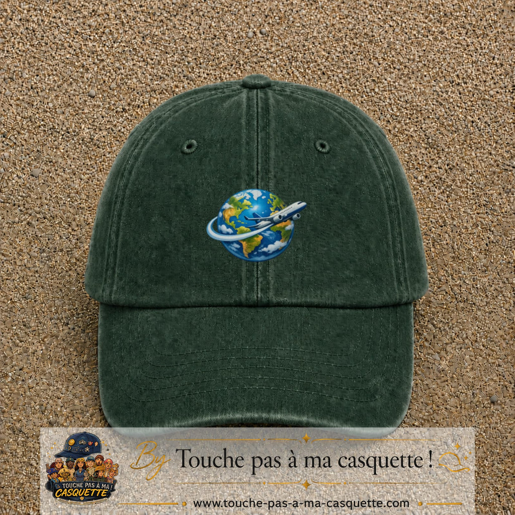 Image principale produit82moyenVF - casquette Vert foncé délavé avec visuel Monde avion 5 cm