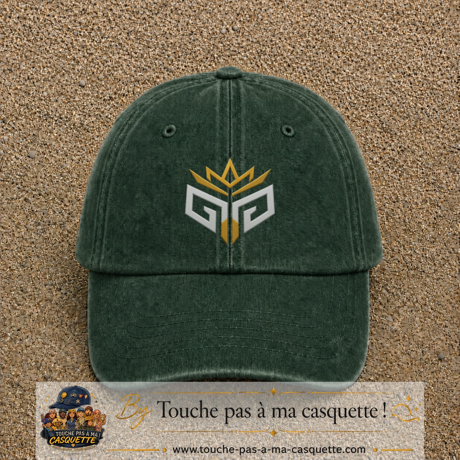 Image principale produit125grosVF - casquette Vert foncé délavé avec visuel Monogramme couronne 7 cm