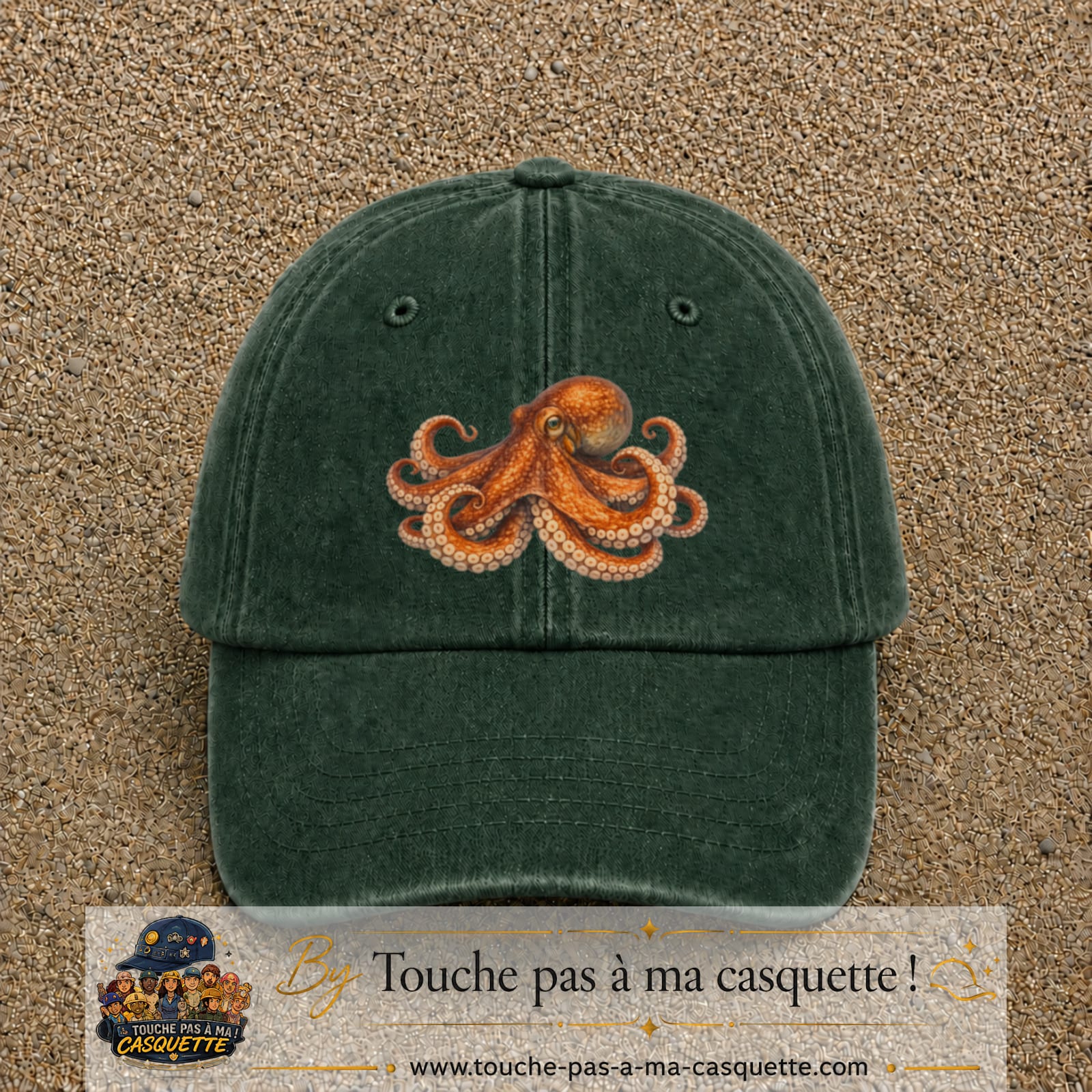 Image principale produit71grosVF - casquette Vert foncé délavé avec visuel Pieuvre 7 cm