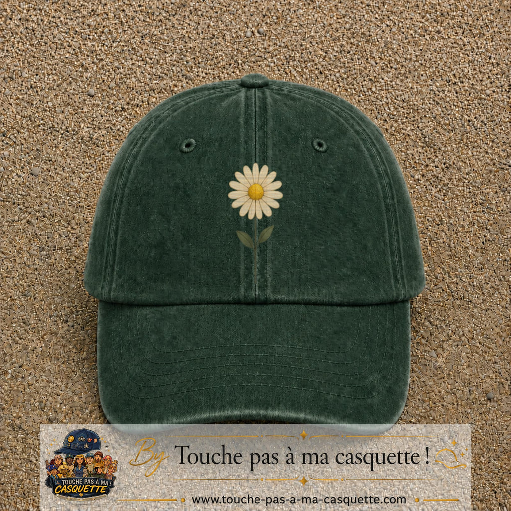 Image principale produit66grosVF - casquette Vert foncé délavé avec visuel Marguerite simple 7 cm
