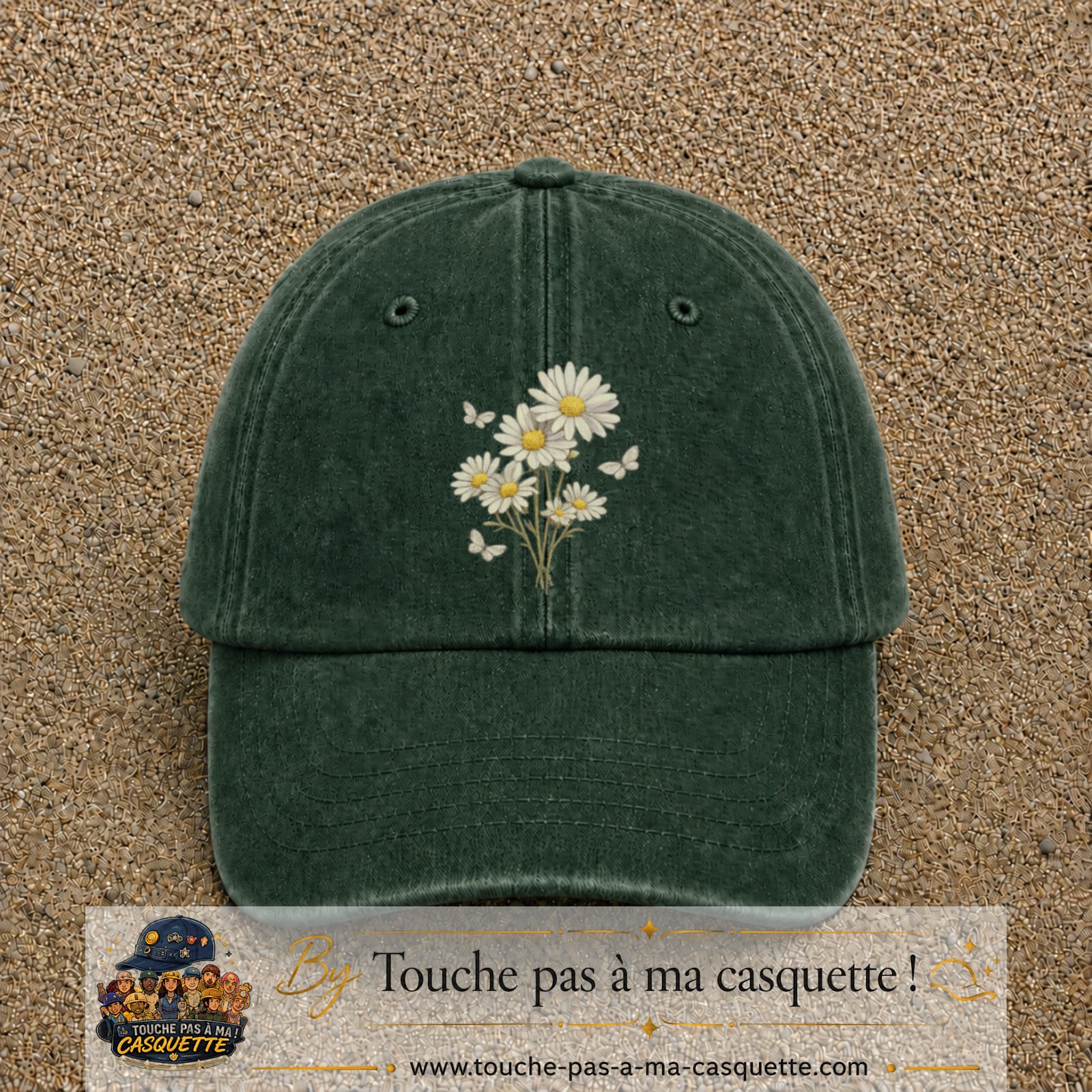 Image principale produit21grosVF - casquette Vert foncé délavé avec visuel Bouquet de marguerites 7 cm
