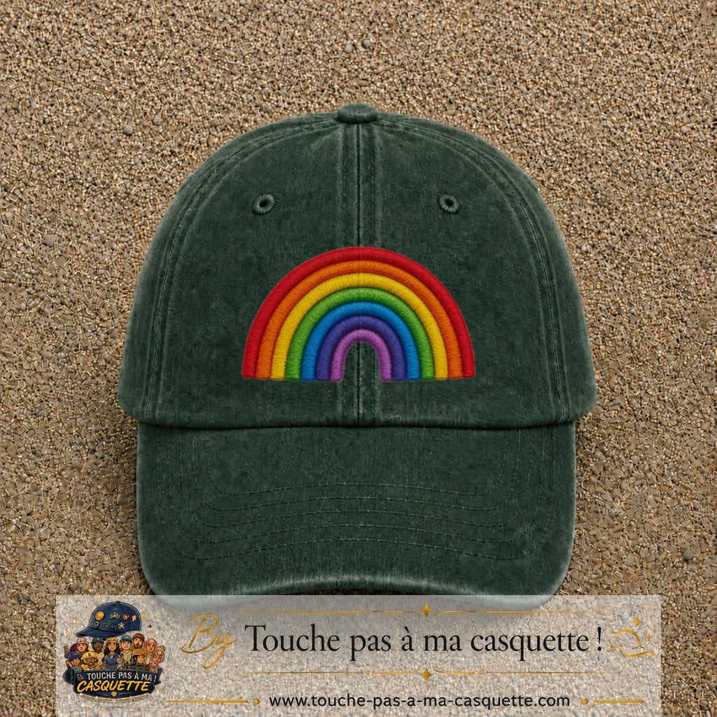 Image principale produit187grosVF - casquette Vert foncé délavé avec visuel Arc-en-ciel 7 cm
