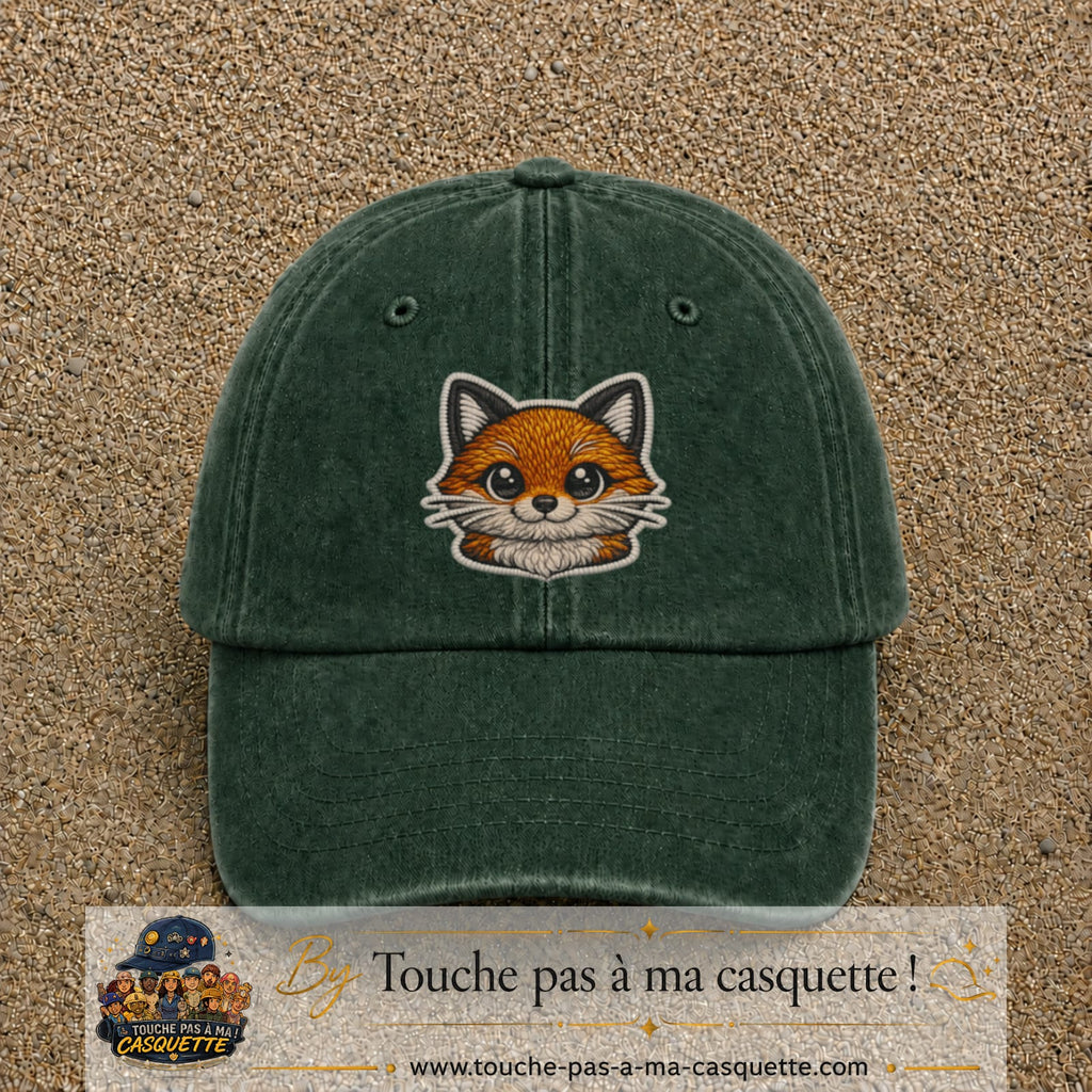 Image principale produit52grosVF - casquette Vert foncé délavé avec visuel Renard tête 7 cm
