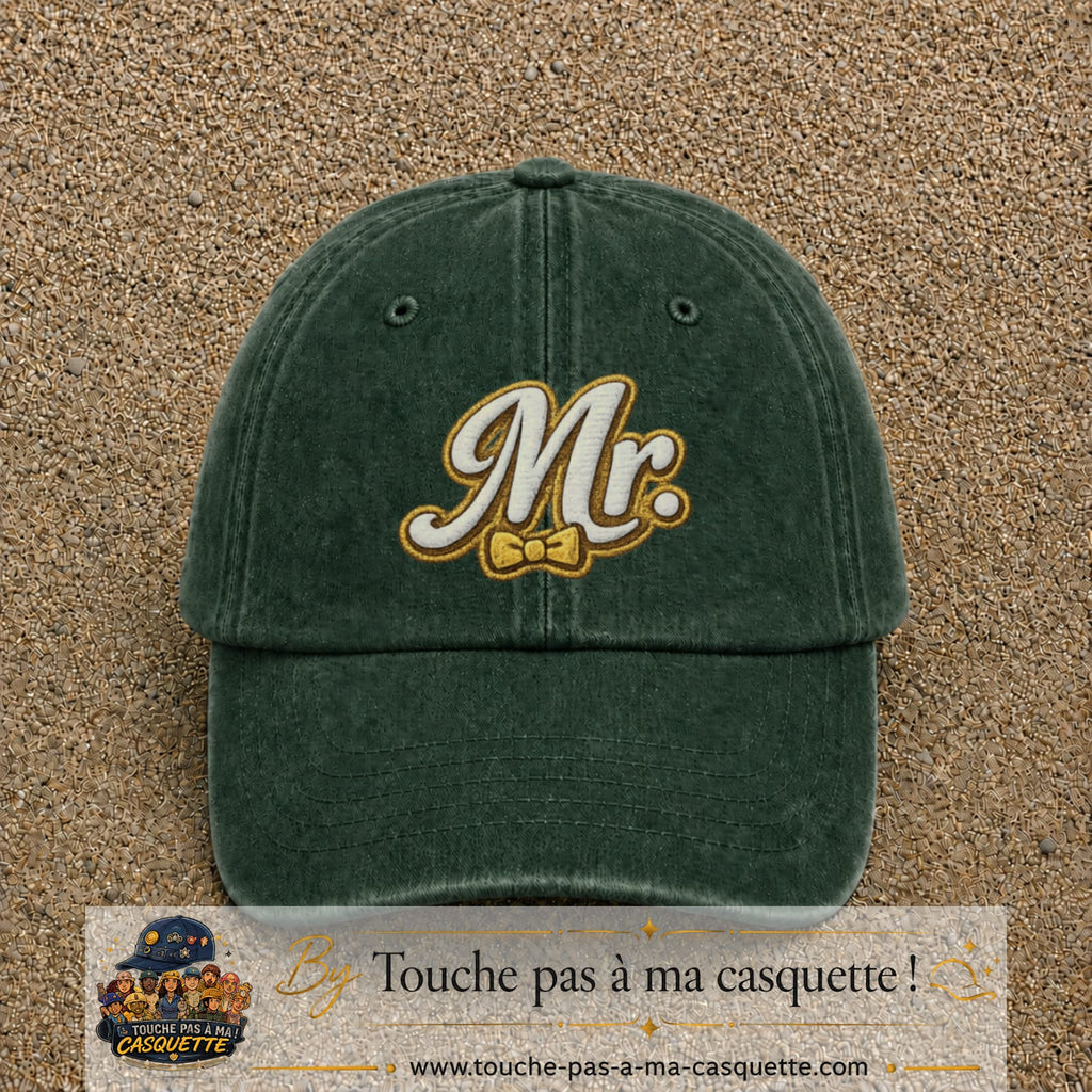 Image principale produit110grosVF - casquette Vert foncé délavé avec visuel Mr élégant 7 cm
