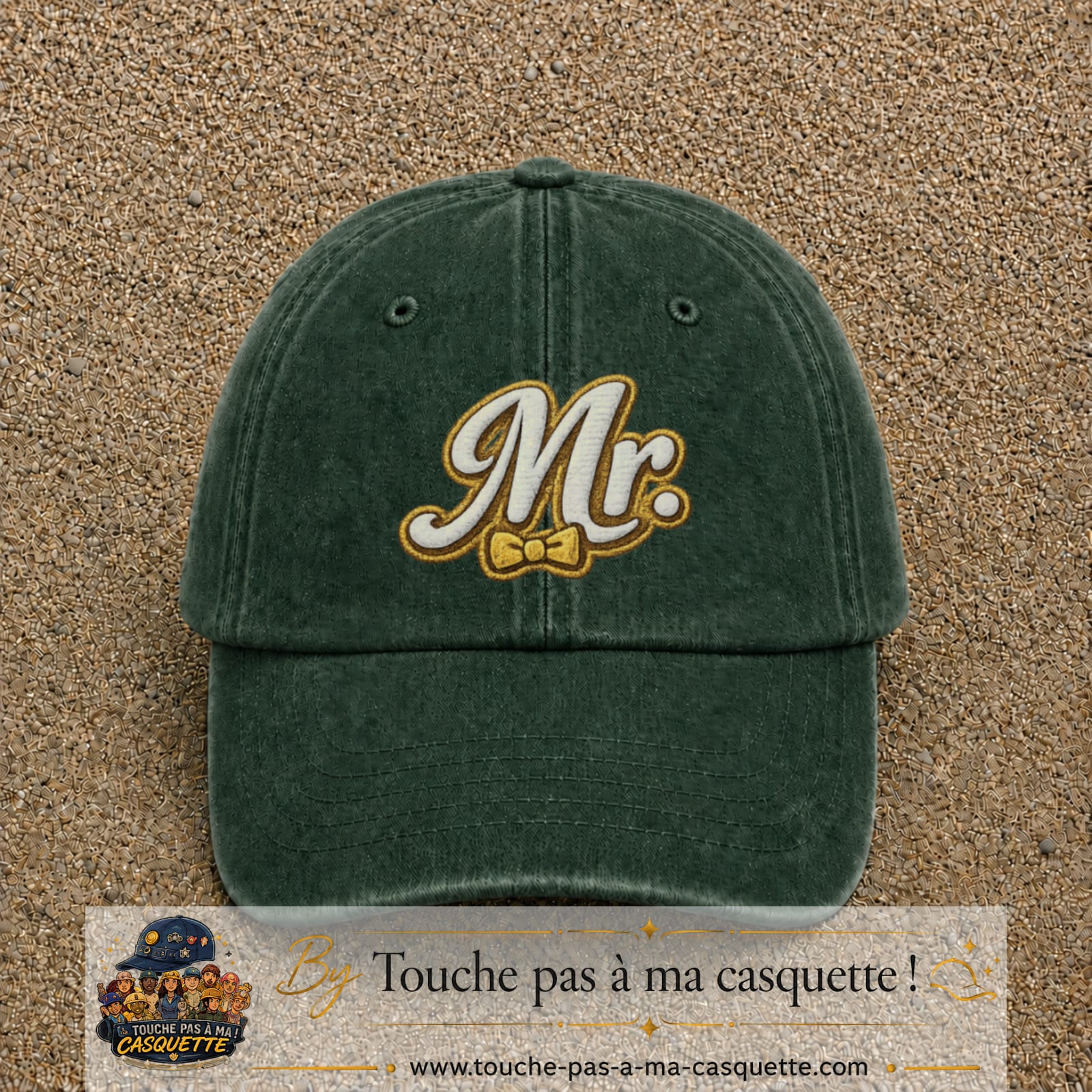 Image principale produit110grosVF - casquette Vert foncé délavé avec visuel Mr élégant 7 cm