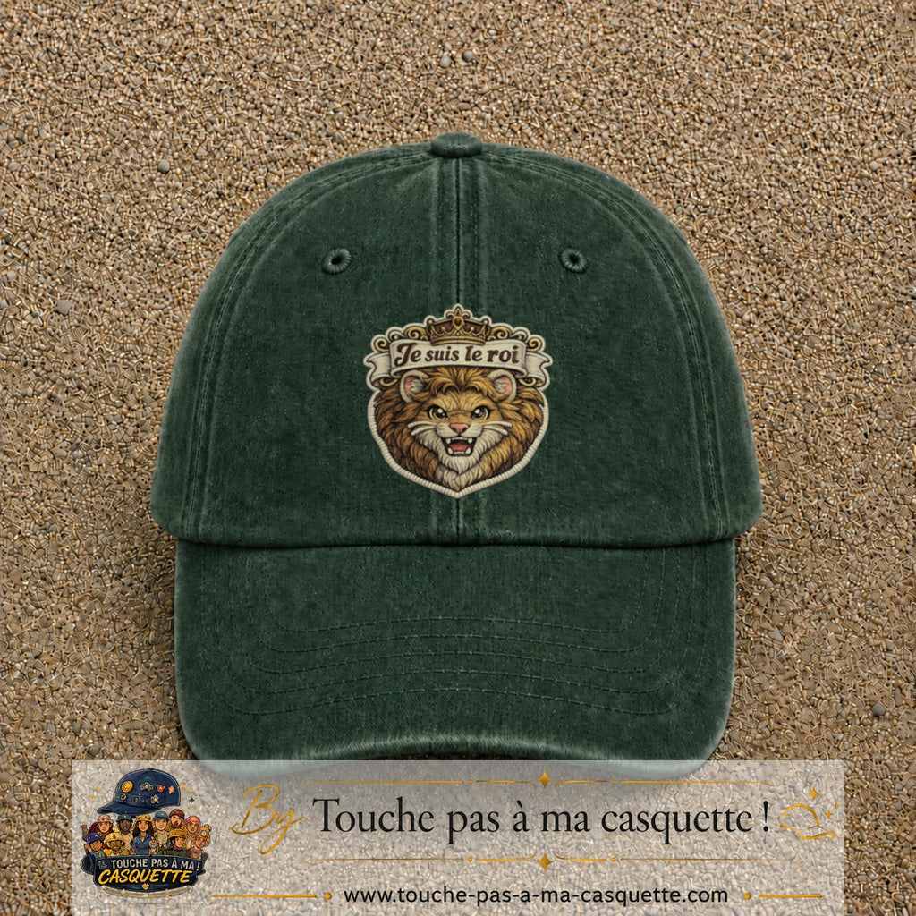 Image principale produit40grosVF - casquette Vert foncé délavé avec visuel Lion roi je suis le roi 7 cm