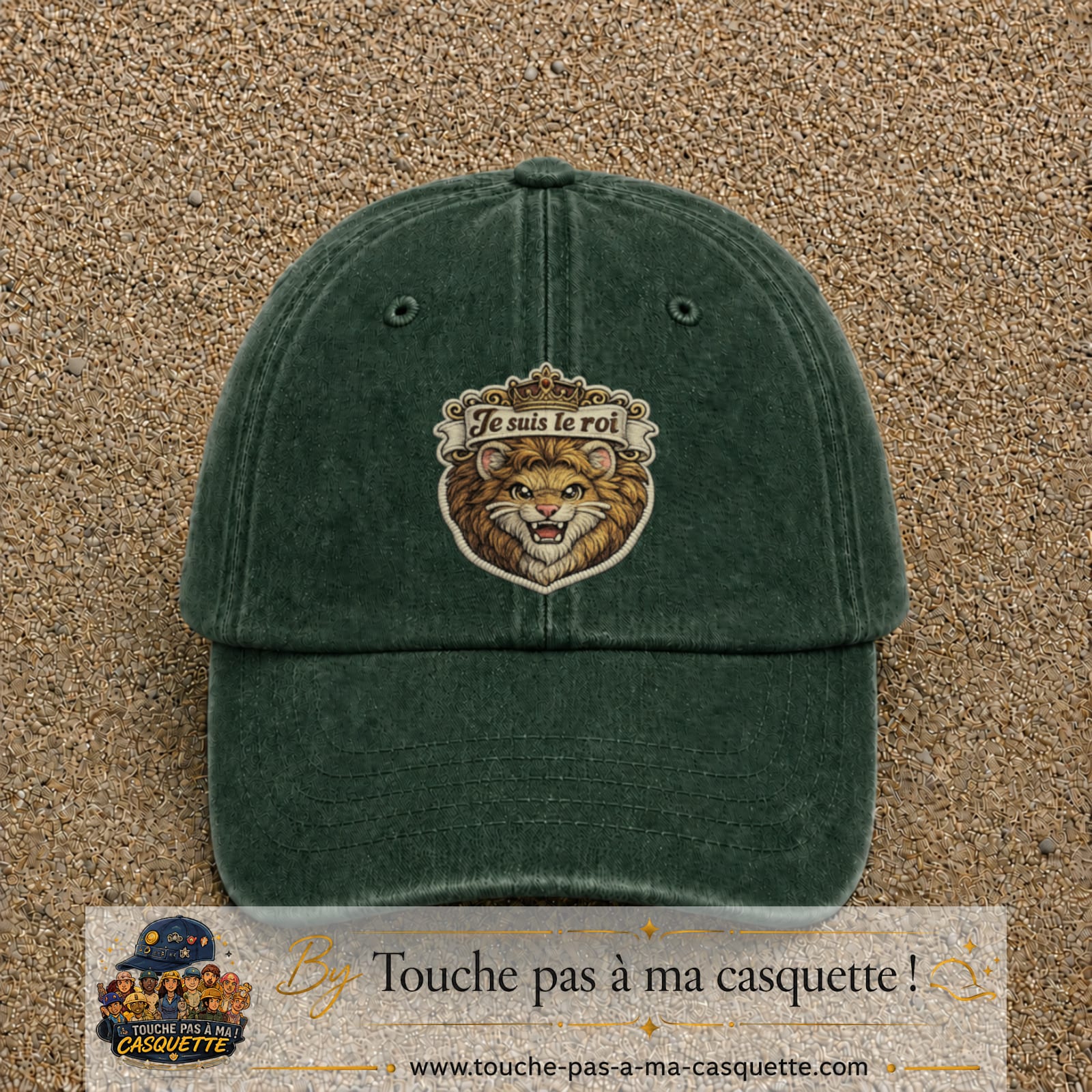 Image principale produit40grosVF - casquette Vert foncé délavé avec visuel Lion roi je suis le roi 7 cm