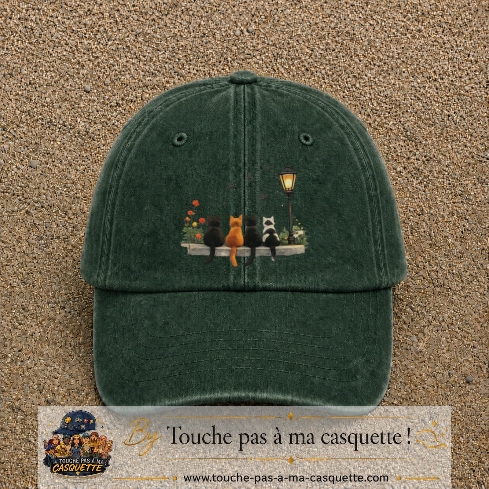 Image principale produit35grosVF - casquette Vert foncé délavé avec visuel Chats noirs banc automne 7 cm