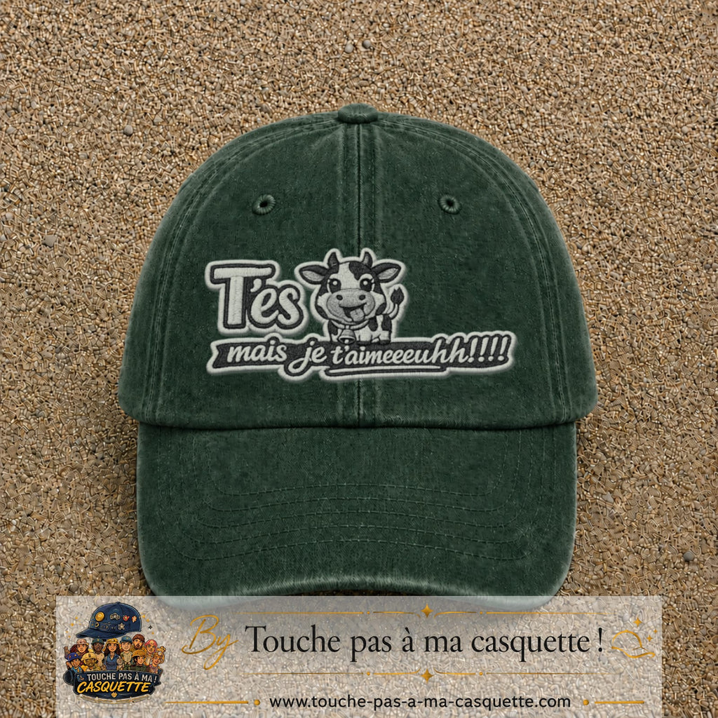 Image principale produit122grosVF - casquette Vert foncé délavé avec visuel Vache message français 7 cm