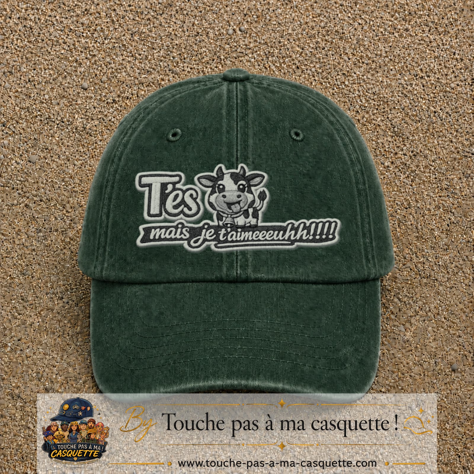 Image principale produit122grosVF - casquette Vert foncé délavé avec visuel Vache message français 7 cm