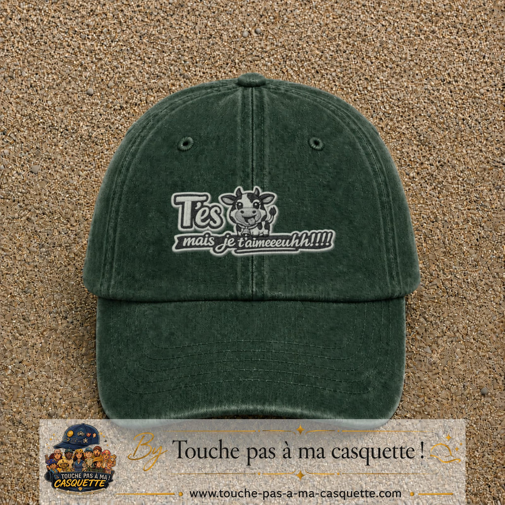 Image principale produit122moyenVF - casquette Vert foncé délavé avec visuel Vache message français 5 cm