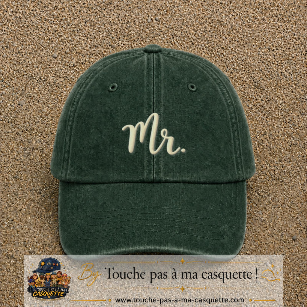 Image principale produit111moyenVF - casquette Vert foncé délavé avec visuel Mr blanc 5 cm