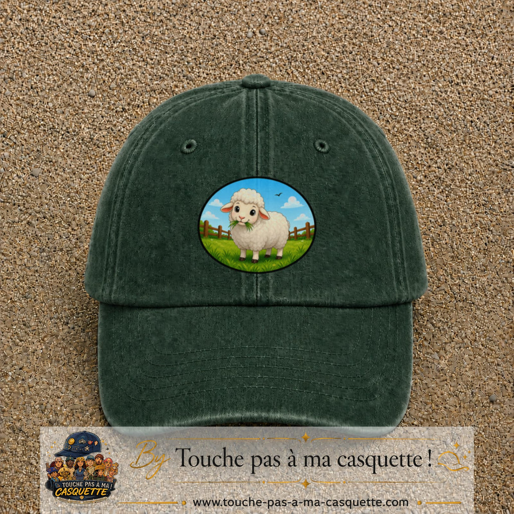 Casquette baseball Vert foncé délavé 100% coton avec visuel Mouton à la ferme 7 cm - image produit principale