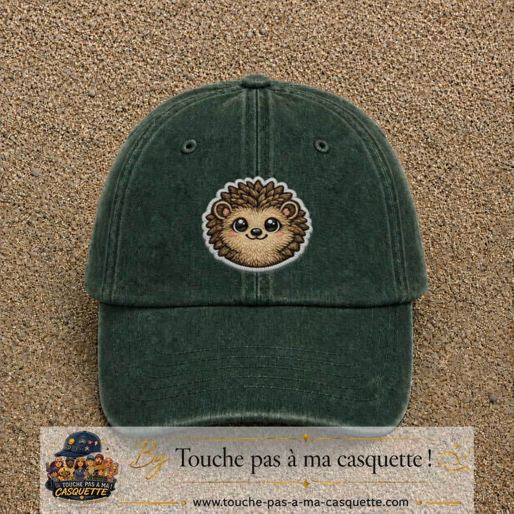 Casquette Vert foncé délavé motif Hérisson kawaii 7 cm - vue principale