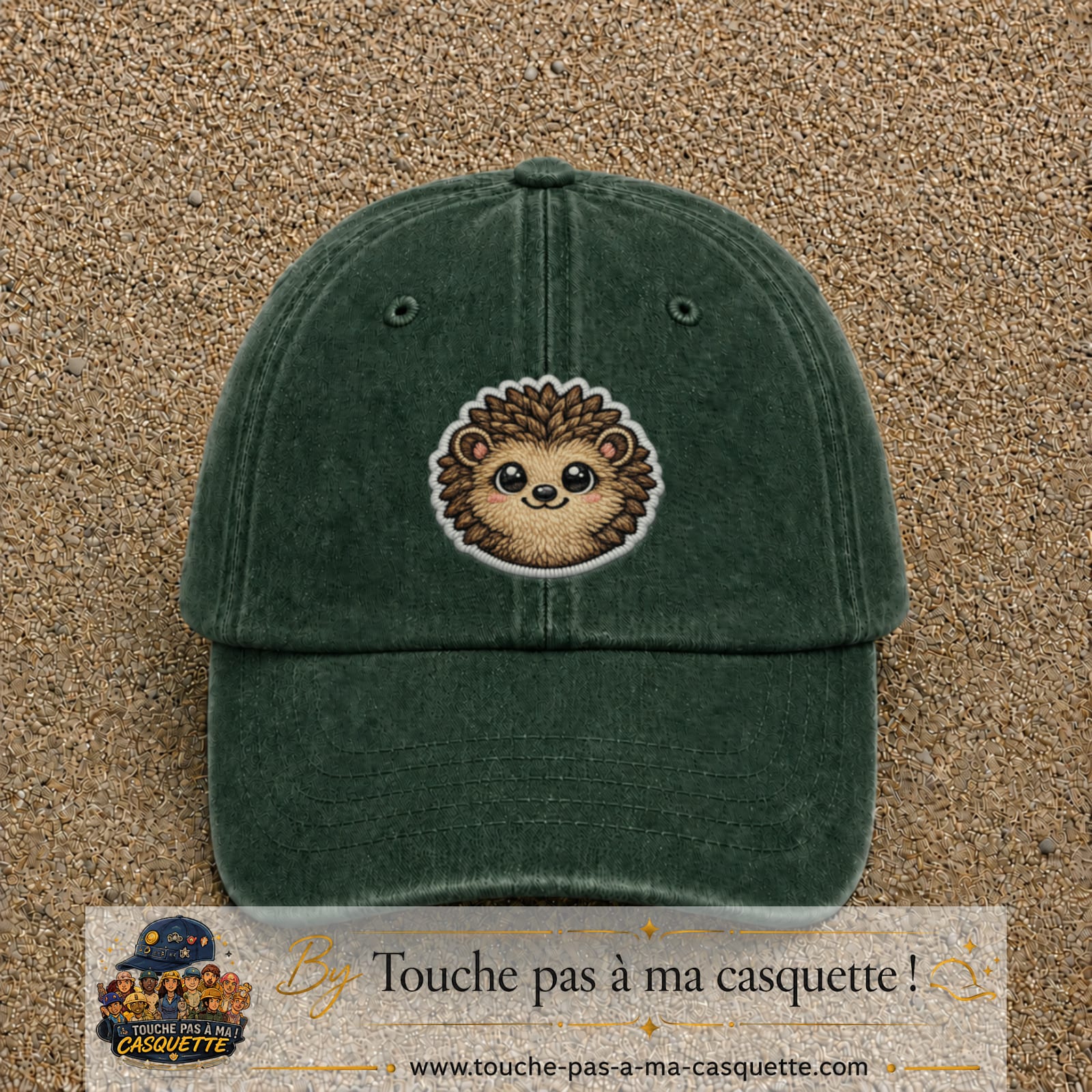 Casquette Vert foncé délavé motif Hérisson kawaii 7 cm - vue principale