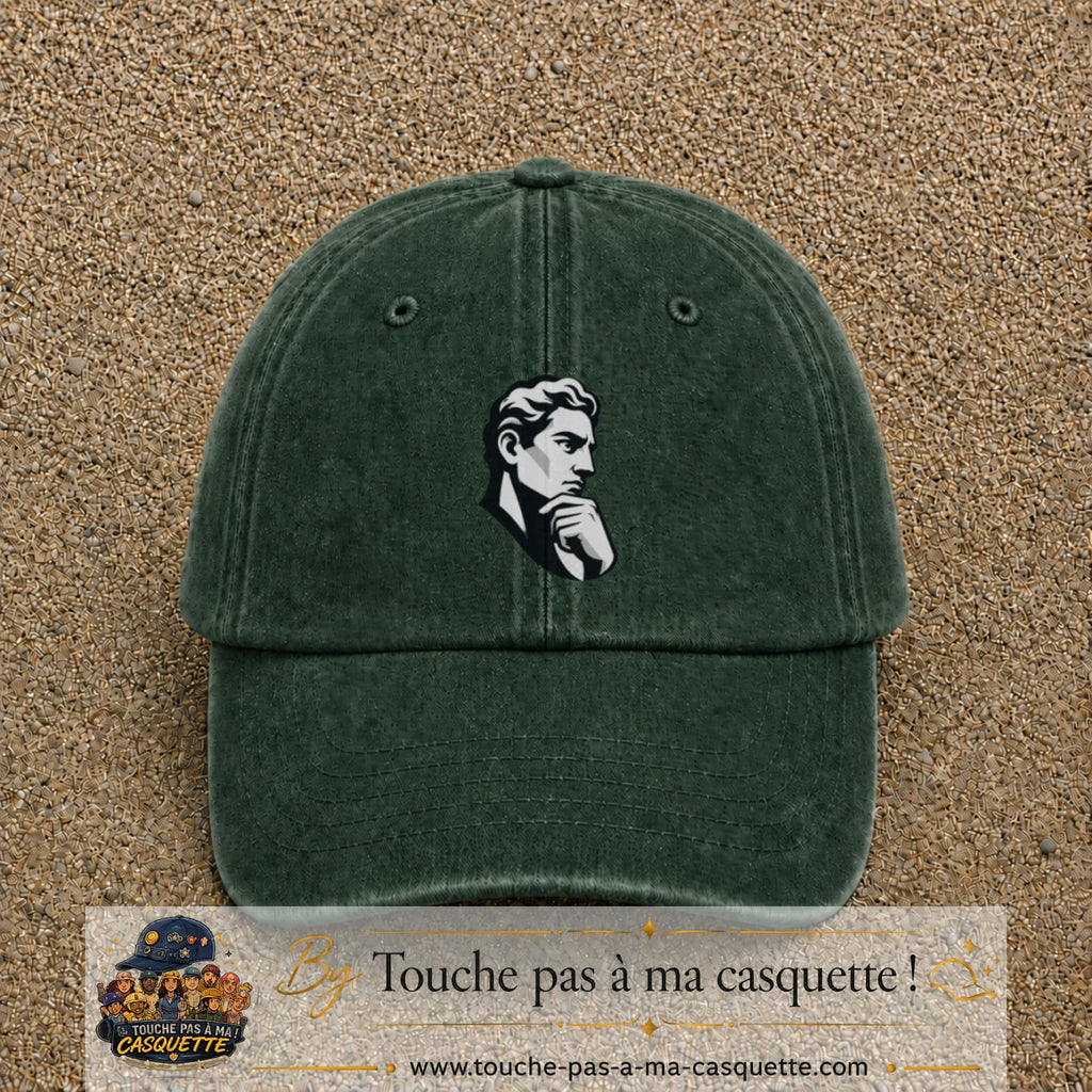 Casquette Vert foncé délavé 100% coton avec motif Portrait homme penseur 7 cm - image principale