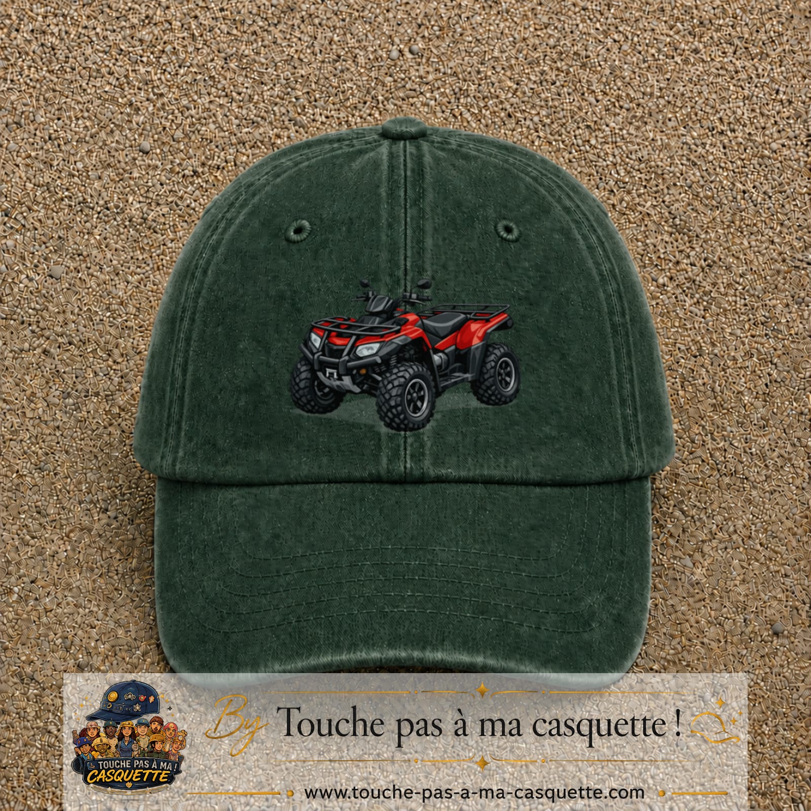 Casquette Vert foncé délavé 100% coton avec motif Quad rouge tout-terrain 7 cm - image principale