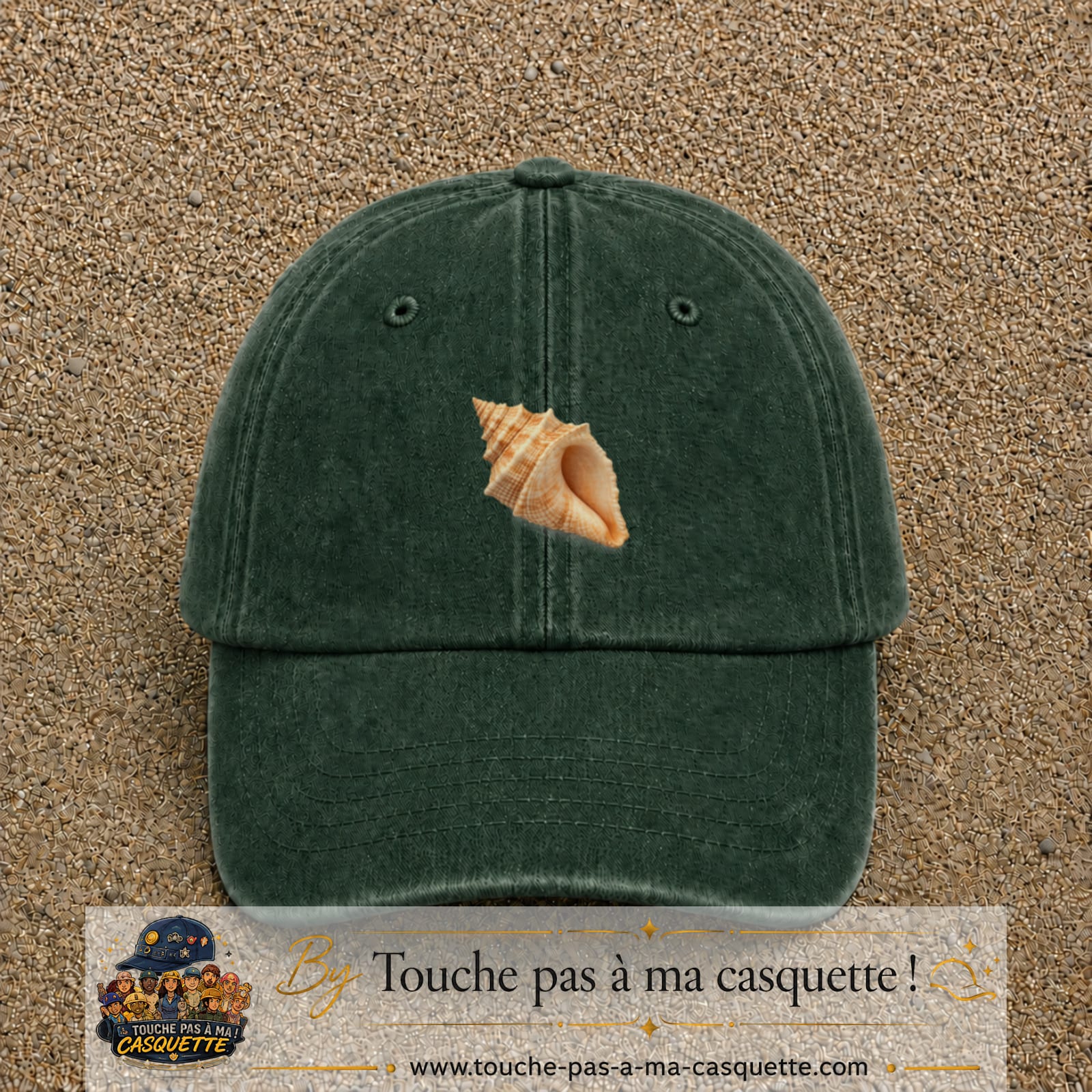 Casquette baseball Vert foncé délavé 100% coton avec visuel Coquillage marin 5 cm - image produit principale