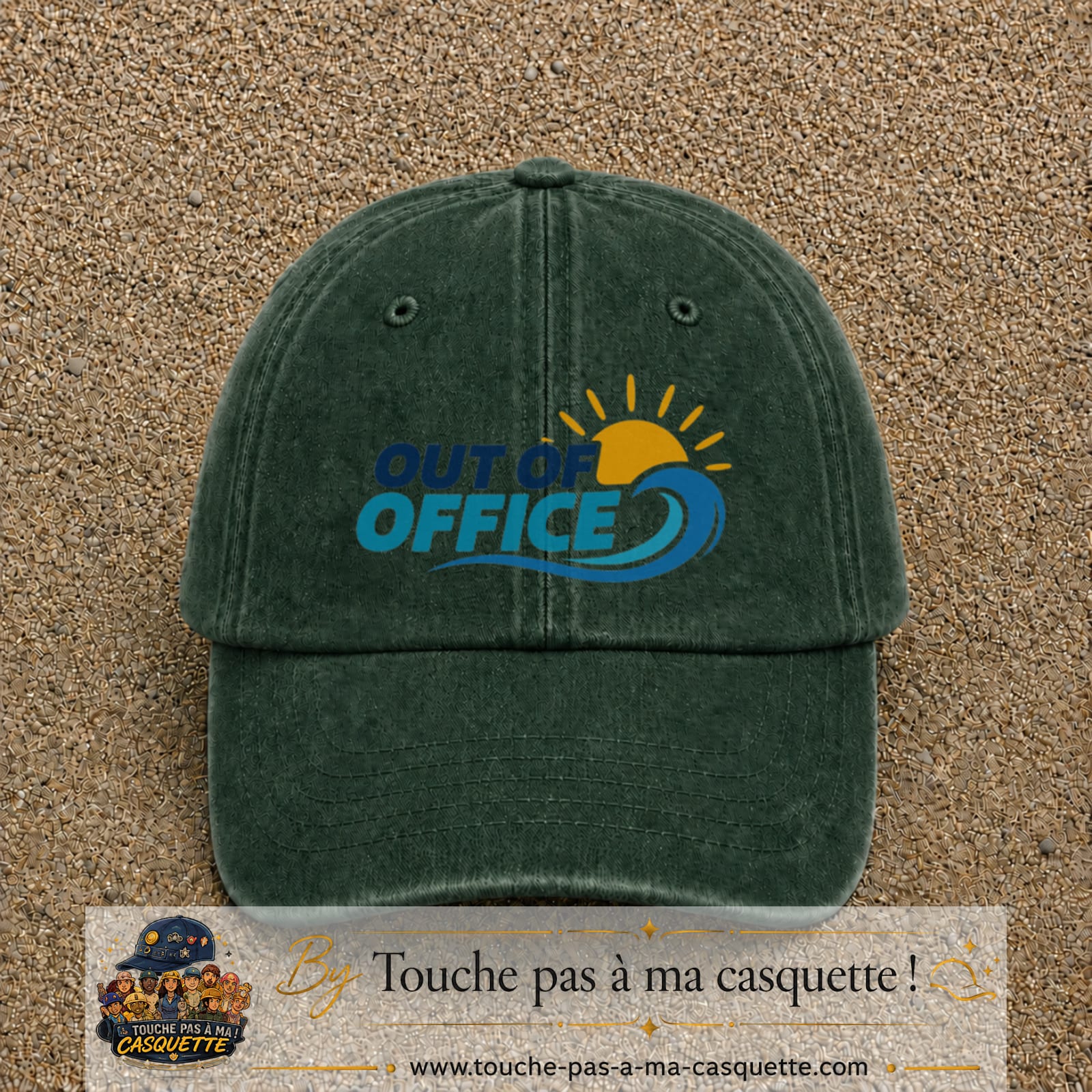 Casquette Vert foncé délavé 100% coton avec motif Out of Office vague soleil 7 cm - image principale