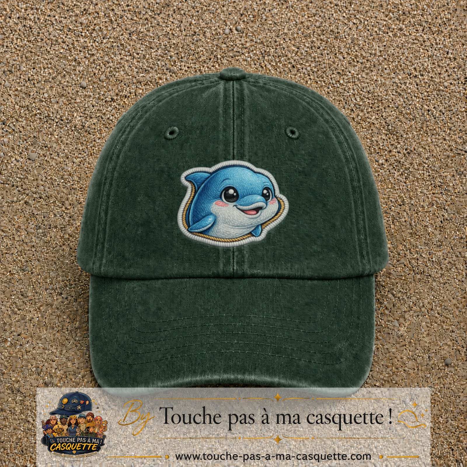 Casquette Vert foncé délavé motif Dauphin souriant 7 cm - vue principale