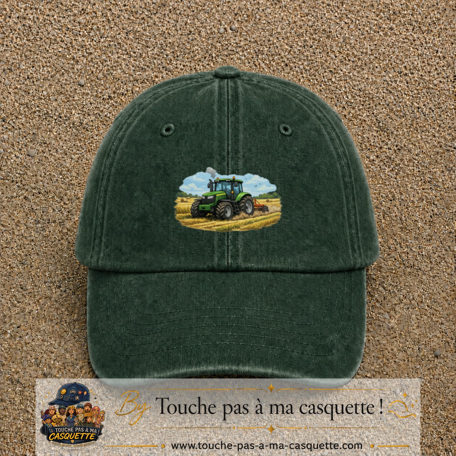 Casquette baseball Vert foncé délavé 100% coton avec motif Tracteur agricole 5 cm - image principale