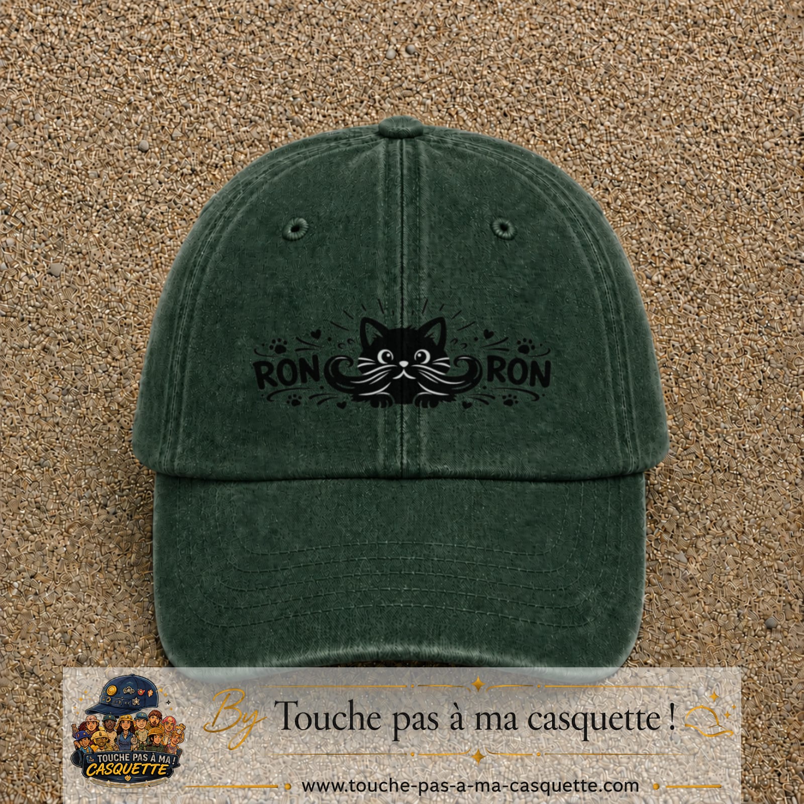 Casquette Vert foncé délavé motif Chat Ron Ron 5 cm - vue principale