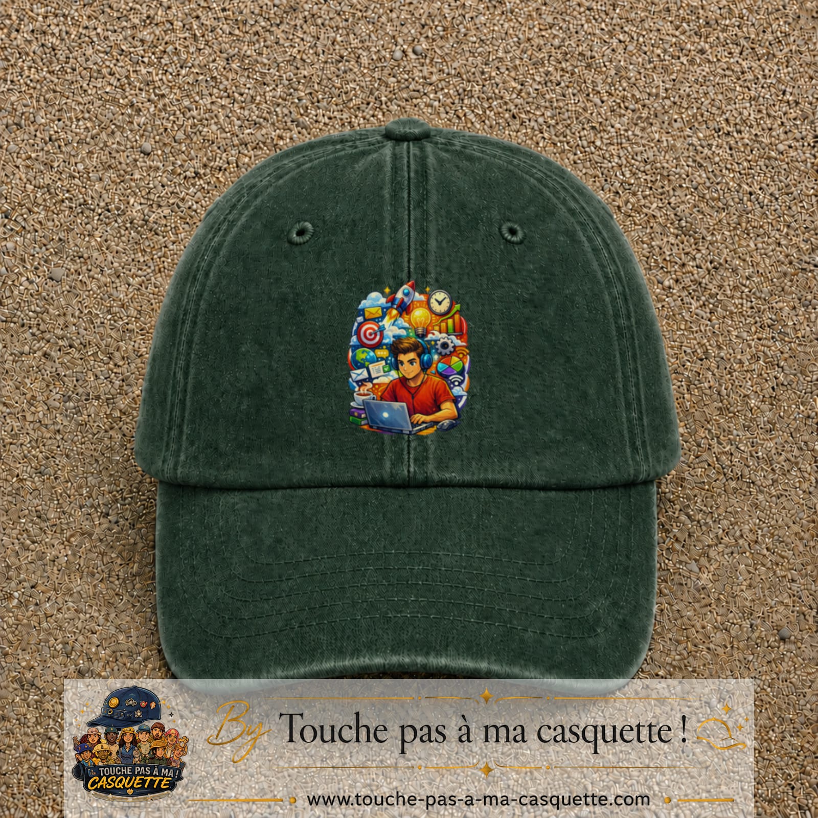 Casquette Vert foncé délavé 100% coton avec motif Créateur digital au laptop 7 cm - image principale
