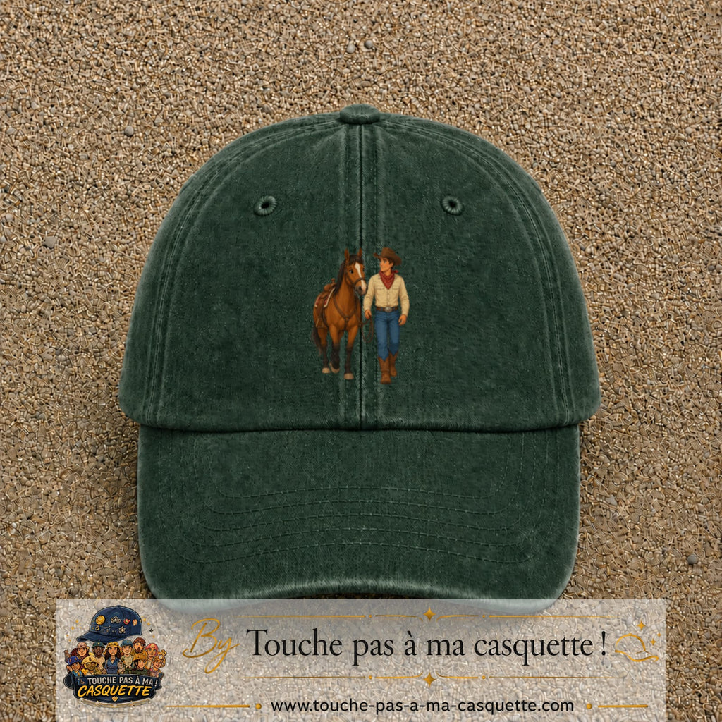 Casquette baseball Vert foncé délavé 100% coton avec motif Cow-boy à cheval 7 cm - image principale
