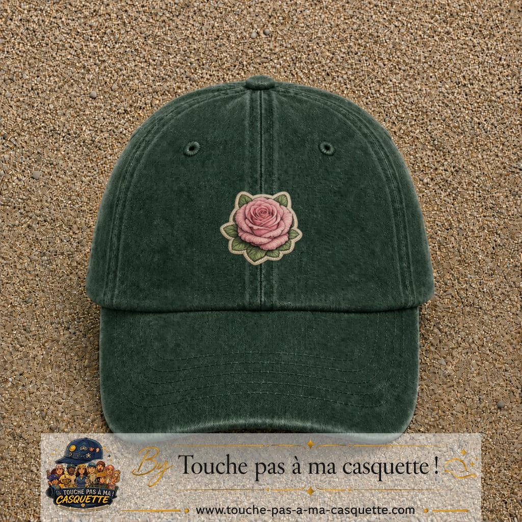 Casquette Vert foncé délavé motif Rose tendre 5 cm - vue principale