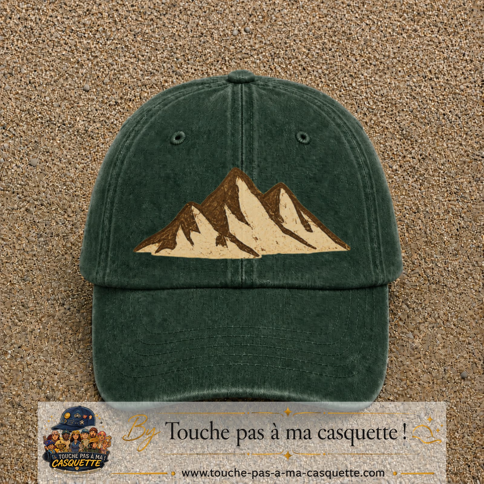 Casquette Vert foncé délavé 100% coton avec motif Montagnes bohèmes 7 cm - image principale