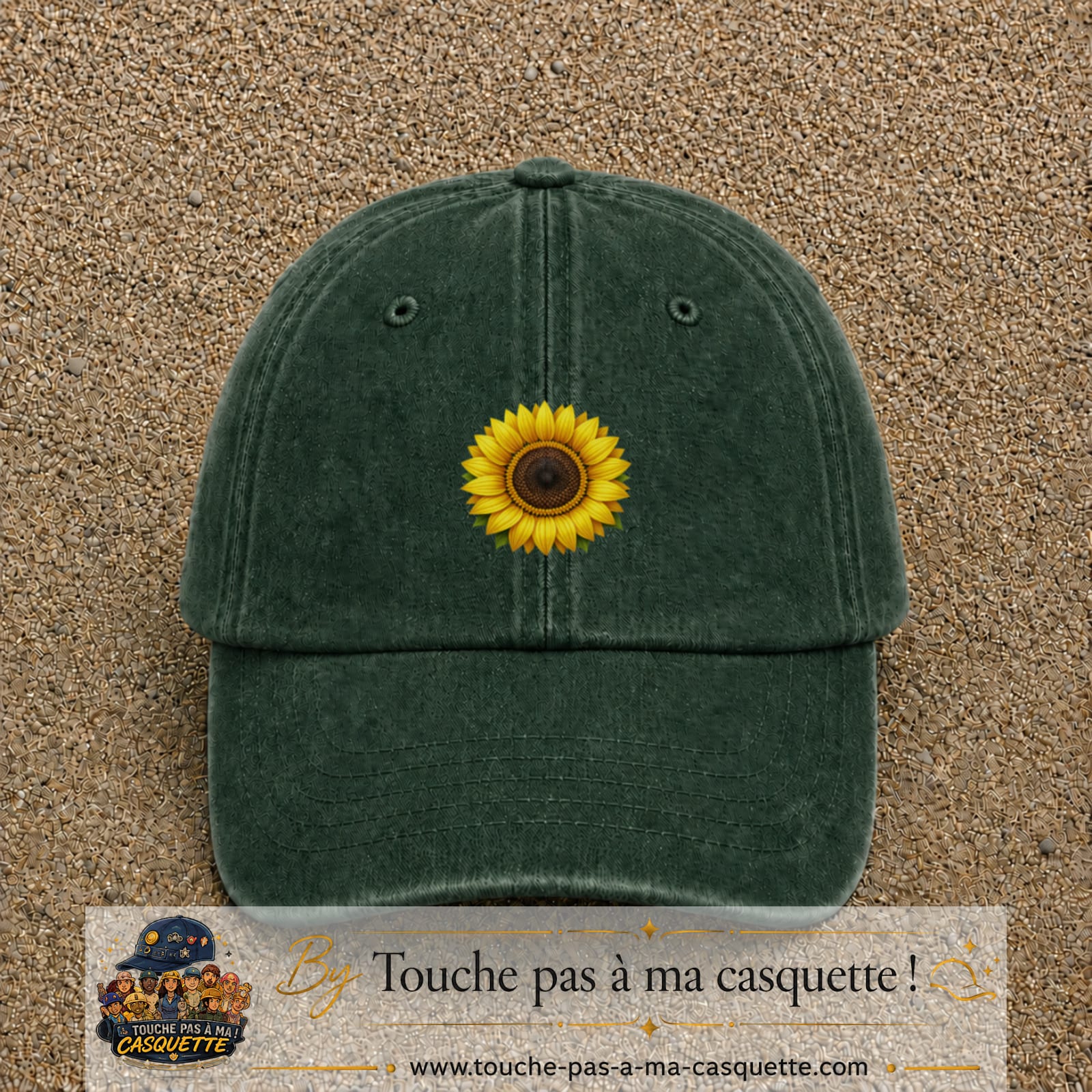 Casquette Vert foncé délavé motif Tournesol éclatant 5 cm - vue principale