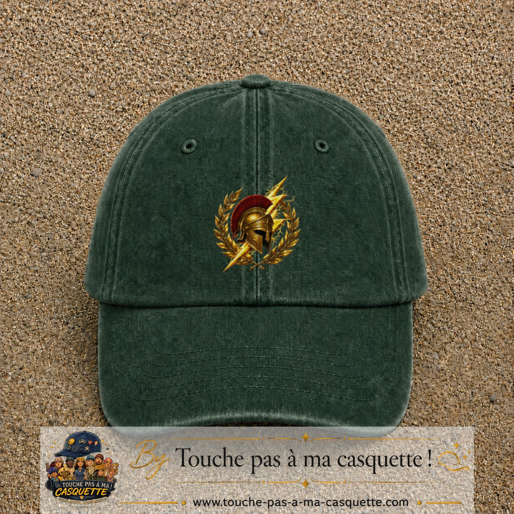 Casquette Vert foncé délavé 100% coton avec motif Casque spartiate éclair doré 7 cm - image principale
