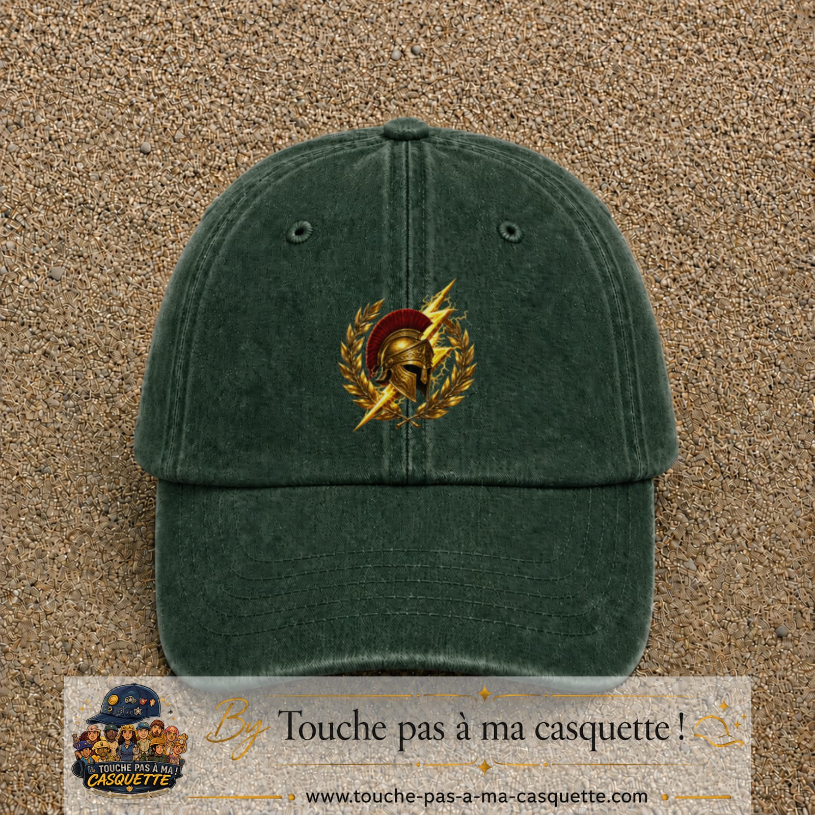 Casquette Vert foncé délavé 100% coton avec motif Casque spartiate éclair doré 7 cm - image principale