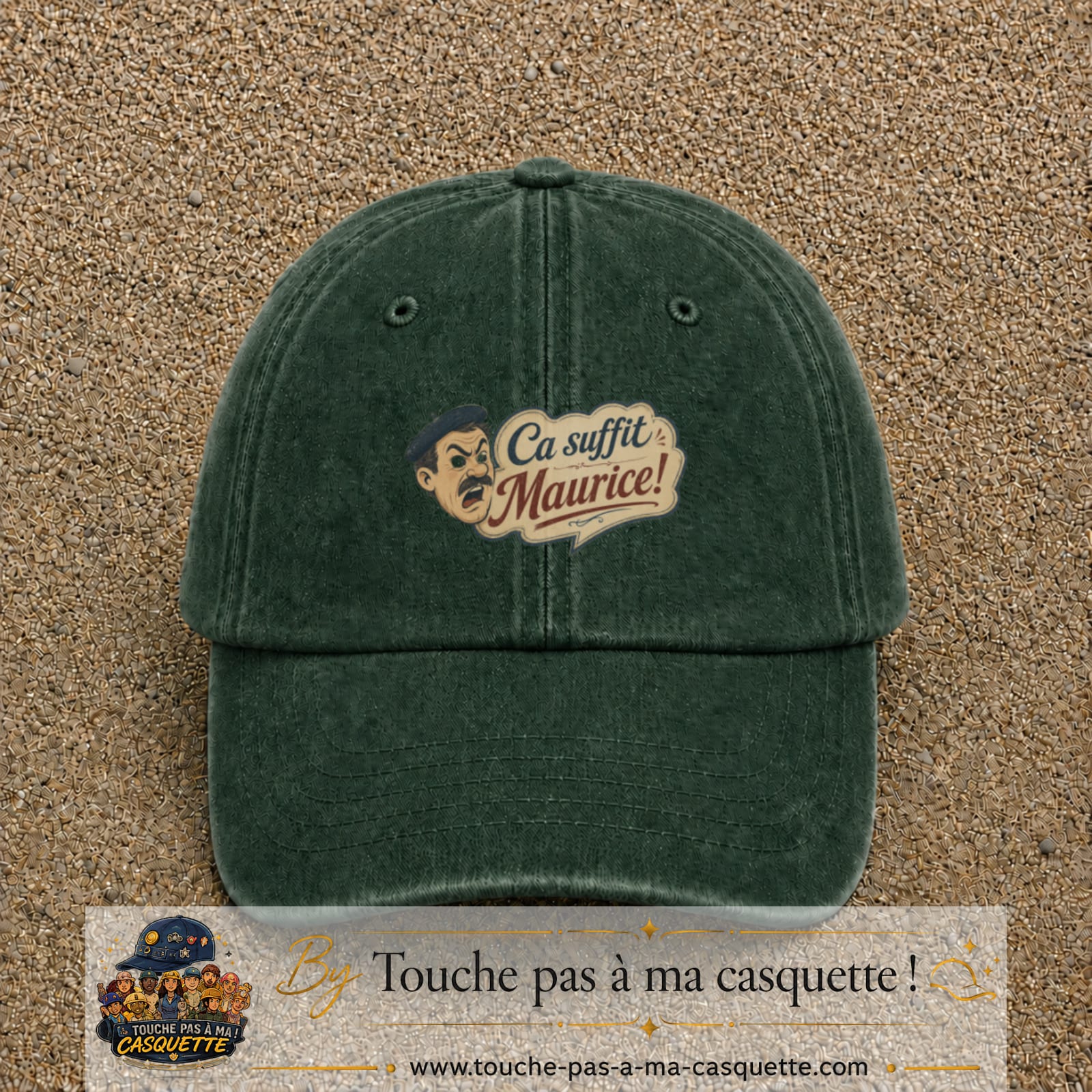 Casquette baseball Vert foncé délavé 100% coton avec visuel Ça suffit Maurice avec personnage 5 cm - image produit principale