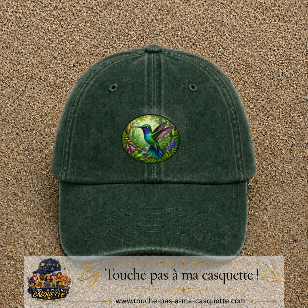 Casquette baseball Vert foncé délavé 100% coton avec visuel Colibri tropical 7 cm - image produit principale