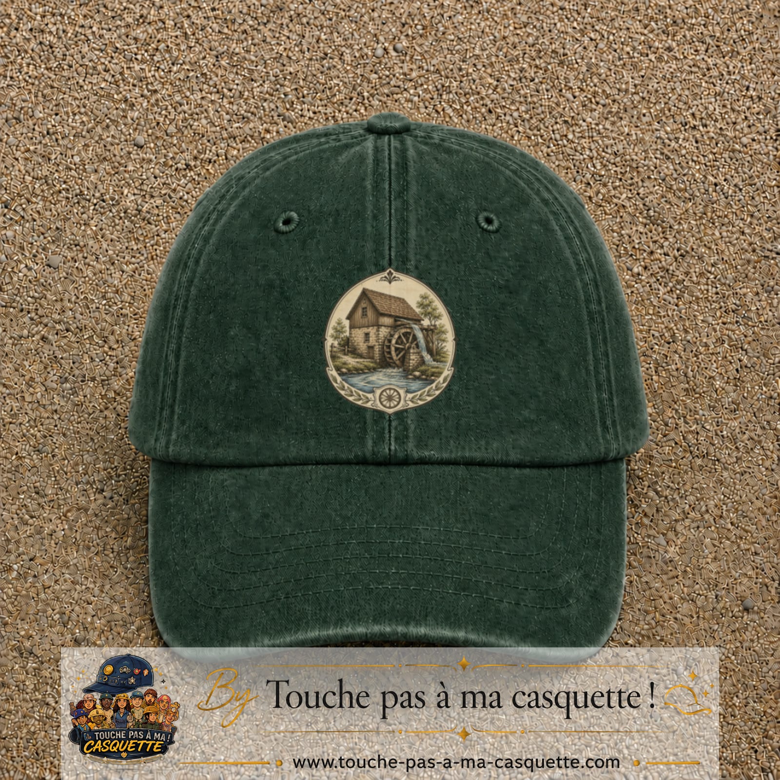 Casquette baseball Vert foncé délavé 100% coton avec visuel Moulin à eau vintage 7 cm - image produit principale