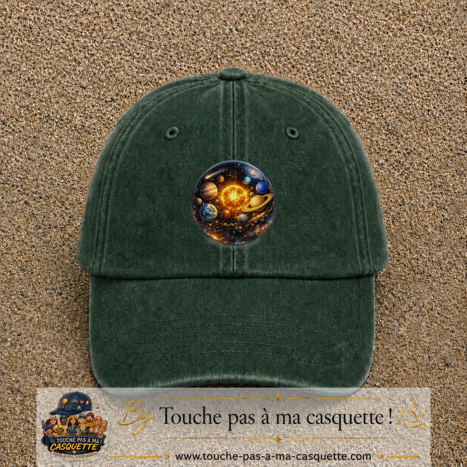 Casquette baseball Vert foncé délavé 100% coton avec visuel Système solaire sphère 7 cm - image produit principale