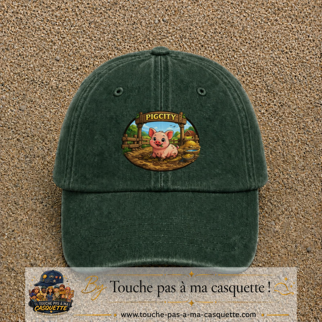 Casquette baseball Vert foncé délavé 100% coton avec visuel Pigcity cochon 7 cm - image produit principale