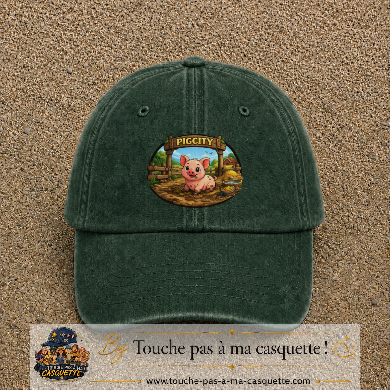 Casquette baseball Vert foncé délavé 100% coton avec visuel Pigcity cochon 7 cm - image produit principale