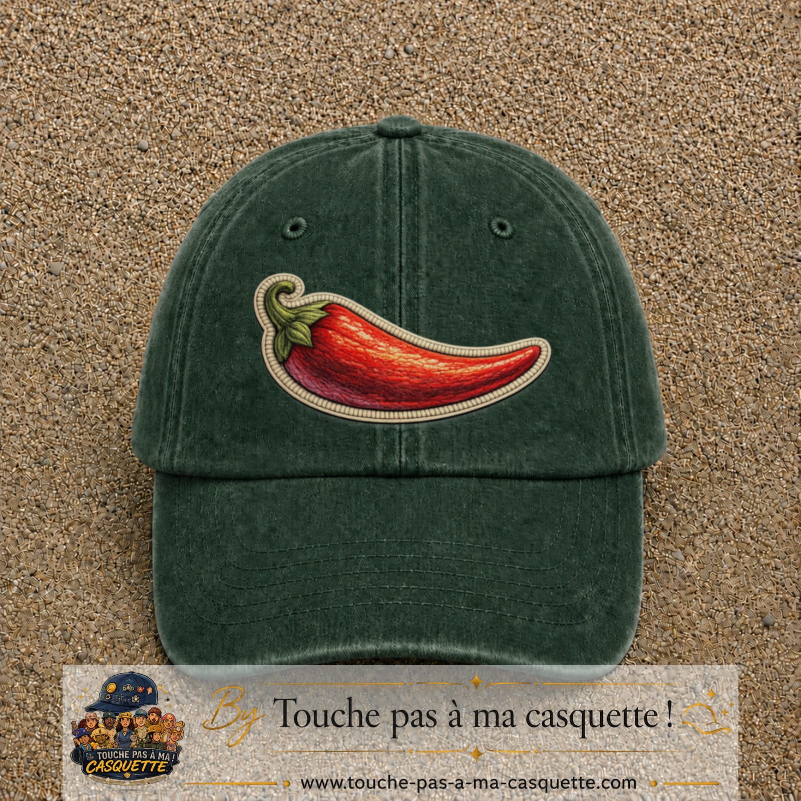Casquette Vert foncé délavé motif Piment piquant 7 cm - vue principale