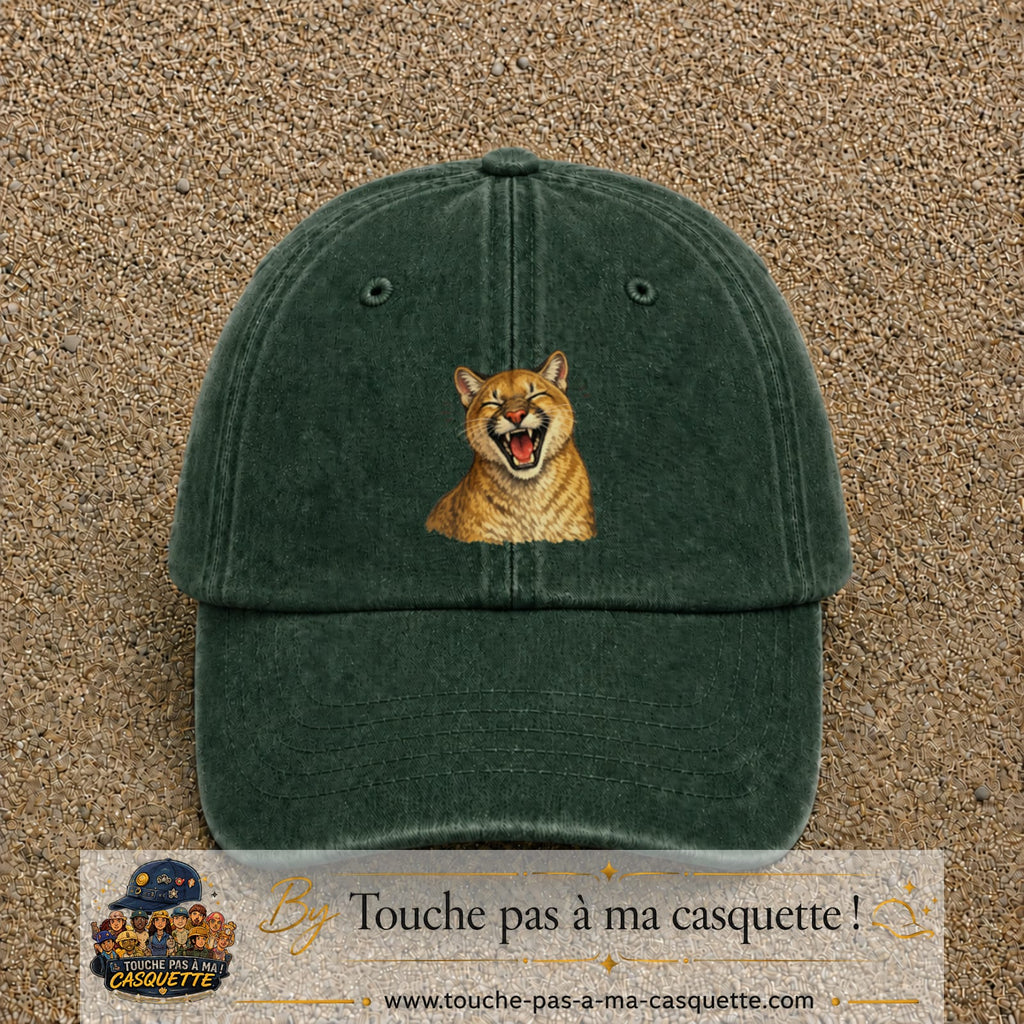 Casquette Vert foncé délavé 100% coton avec motif Félin sauvage qui rit 7 cm - image principale