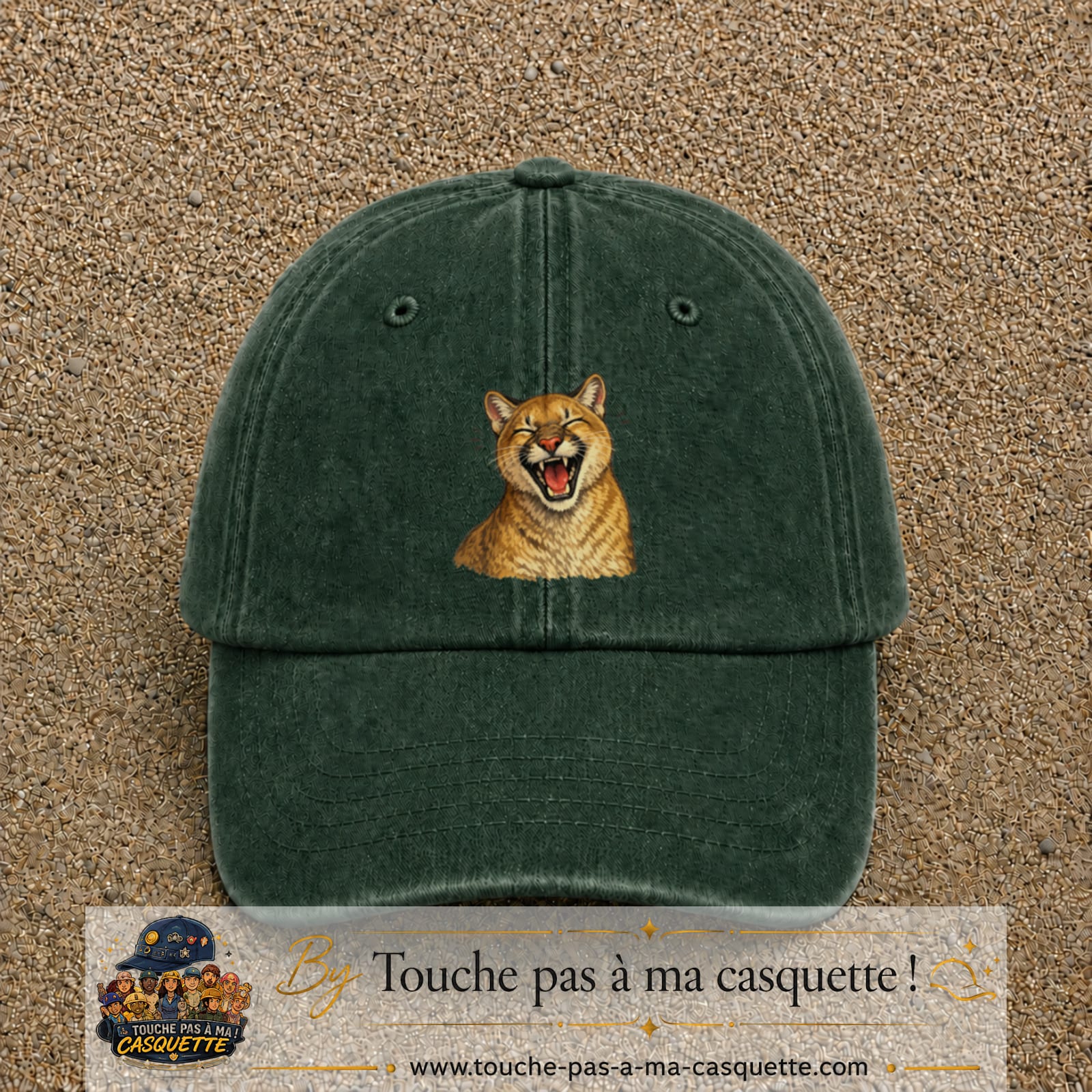 Casquette Vert foncé délavé 100% coton avec motif Félin sauvage qui rit 7 cm - image principale