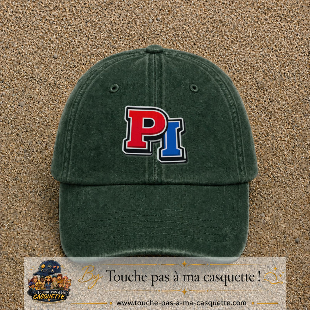 Casquette Vert foncé délavé 100% coton avec motif Initiales PI rouge et bleu 7 cm - image principale