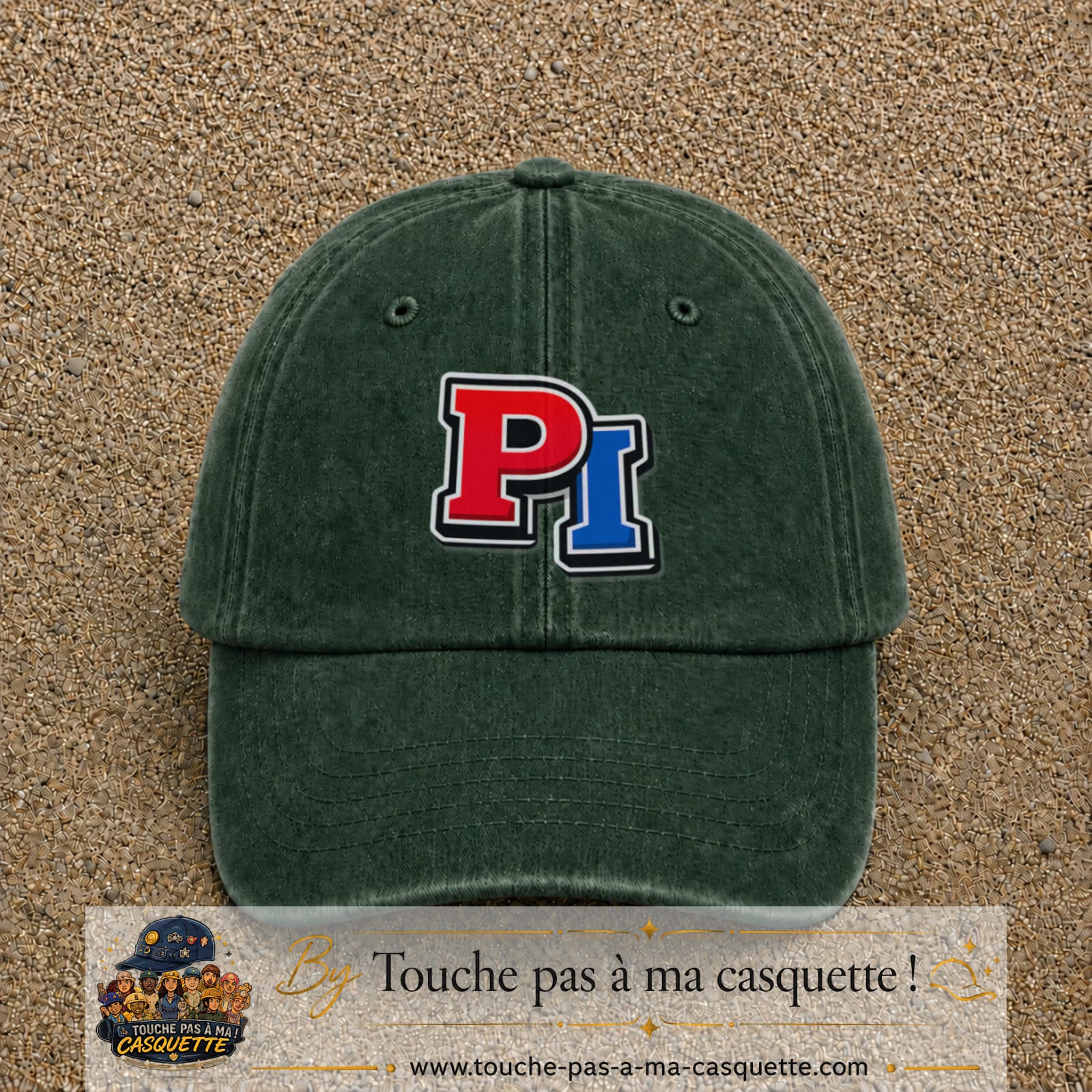 Casquette Vert foncé délavé 100% coton avec motif Initiales PI rouge et bleu 7 cm - image principale