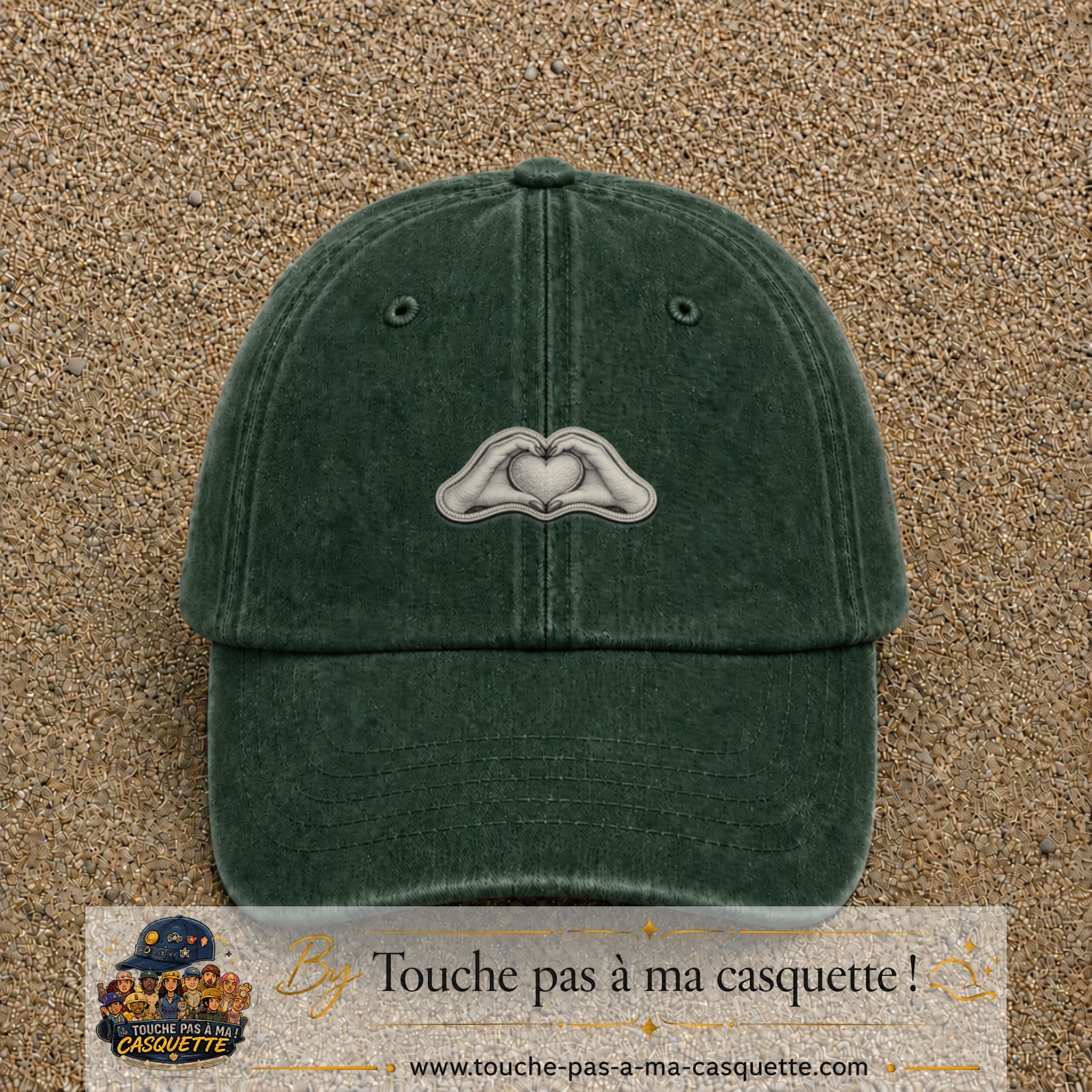 Casquette Vert foncé délavé motif Mains formant un cœur 3 cm - vue principale